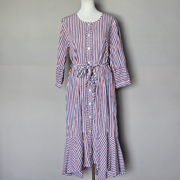 J. Crew Belted Striped Button-Down Shirt Dress Red White Blue Rainbow Resortwear - Picture 2 of 12